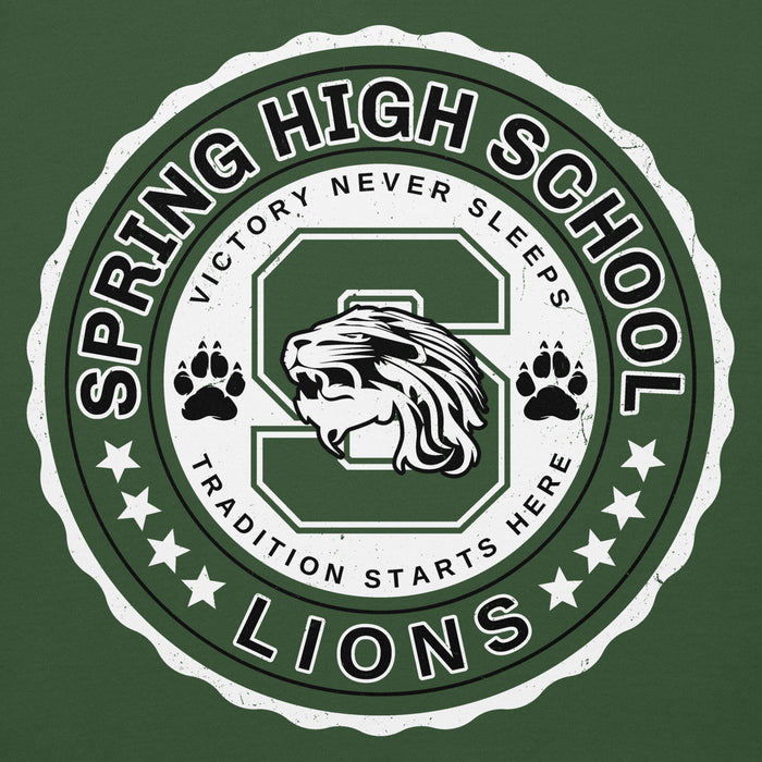 Close-up view of Spring High School Lions Forest Green Premium Unisex Hoodie 216