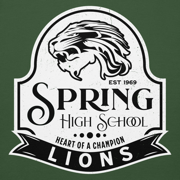 Close-up view of Spring High School Lions Forest Green Premium Unisex Hoodie 219