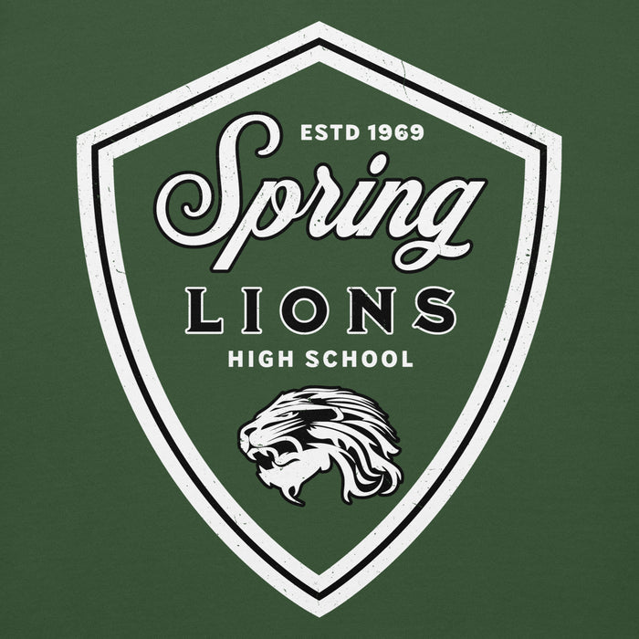 Close-up view of Spring High School Lions Forest Green Premium Unisex Hoodie 225