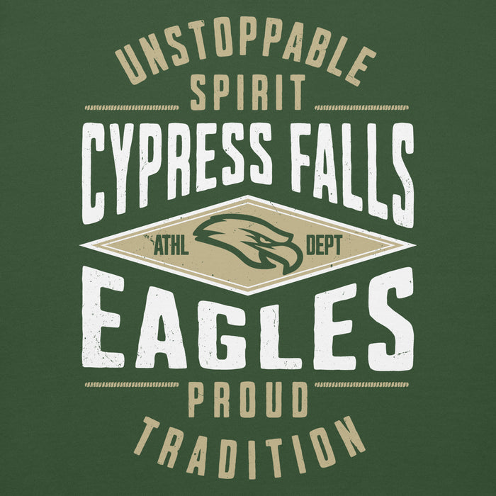 Close-up view of Cypress Falls High School Eagles Forest Green Premium Unisex Hoodie 210