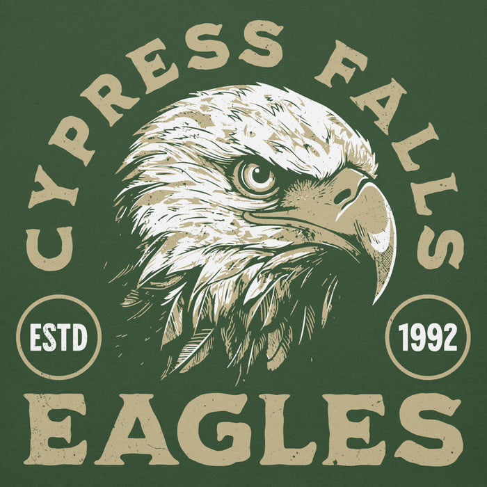 Close-up view of Cypress Falls High School Eagles Forest Green Premium Unisex Hoodie 208