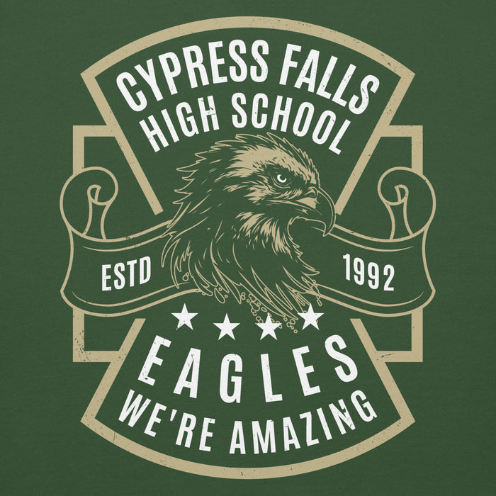 Close-up view of Cypress Falls High School Eagles Forest Green Premium Unisex Hoodie 207