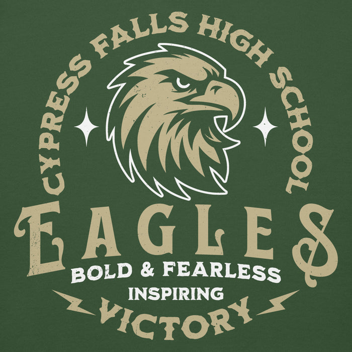Close-up view of Cypress Falls High School Eagles Forest Green Premium Unisex Hoodie 218