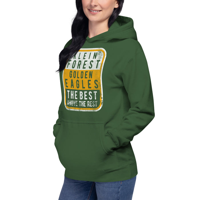 Woman wearing a Klein Forest High School Premium Unisex Forest Green Hoodie 01