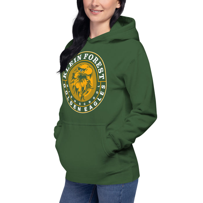 Woman wearing a Klein Forest High School Premium Unisex Forest Green Hoodie 02