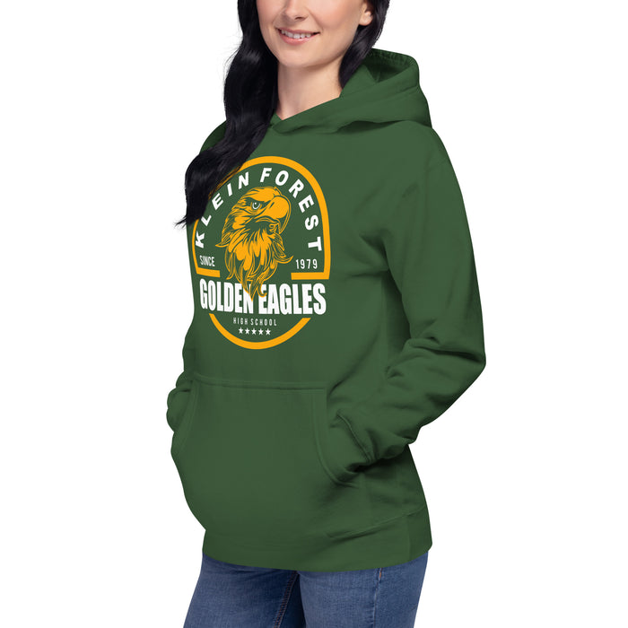 Woman wearing a Klein Forest High School Premium Unisex Forest Green Hoodie 04