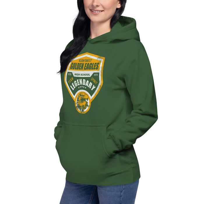 Woman wearing a Klein Forest High School Premium Unisex Forest Green Hoodie 14