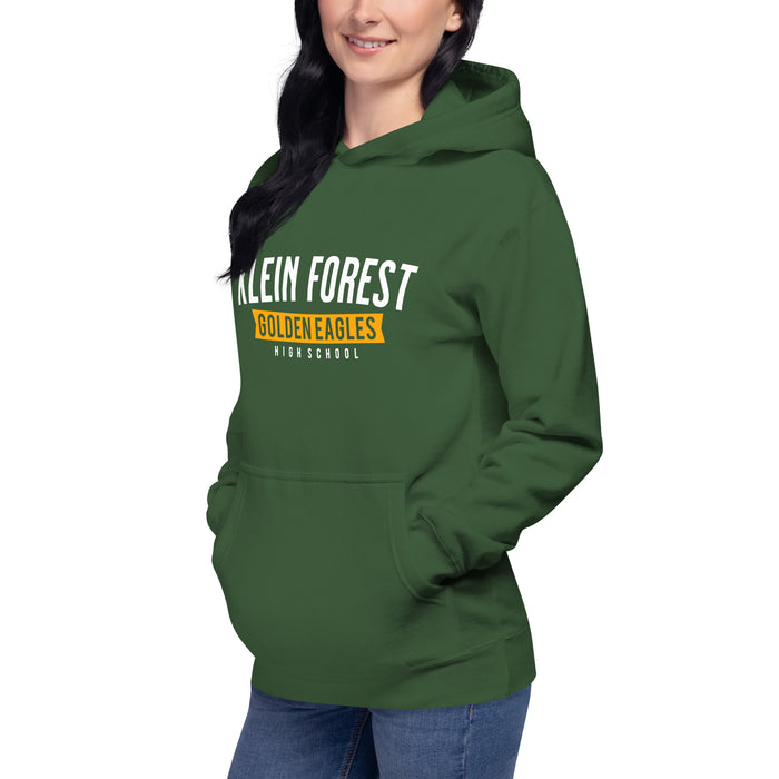 Woman wearing a Klein Forest High School Premium Unisex Forest Green Hoodie 21