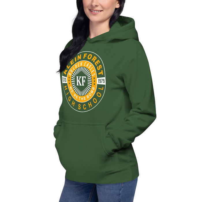 Woman wearing a Klein Forest High School Premium Unisex Forest Green Hoodie 30