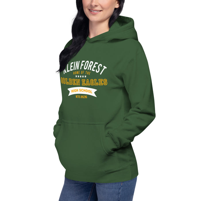 Woman wearing a Klein Forest High School Premium Unisex Forest Green Hoodie 96