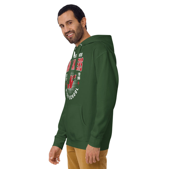 Man wearing The Woodlands High School Forest Green Premium Unisex Hoodie 203