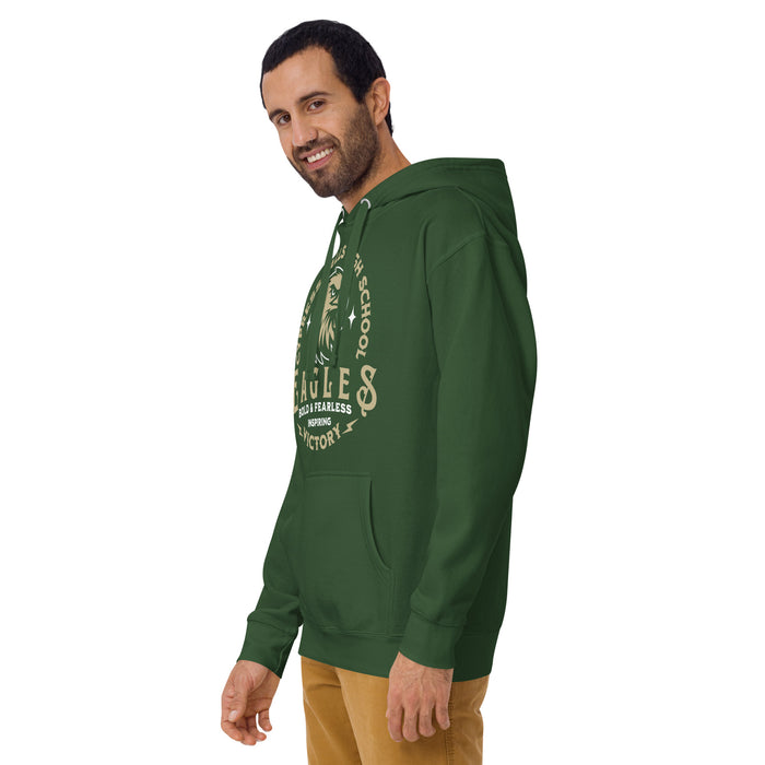 Man wearing Cypress Falls High School Eagles Forest Green Premium Unisex Hoodie 218