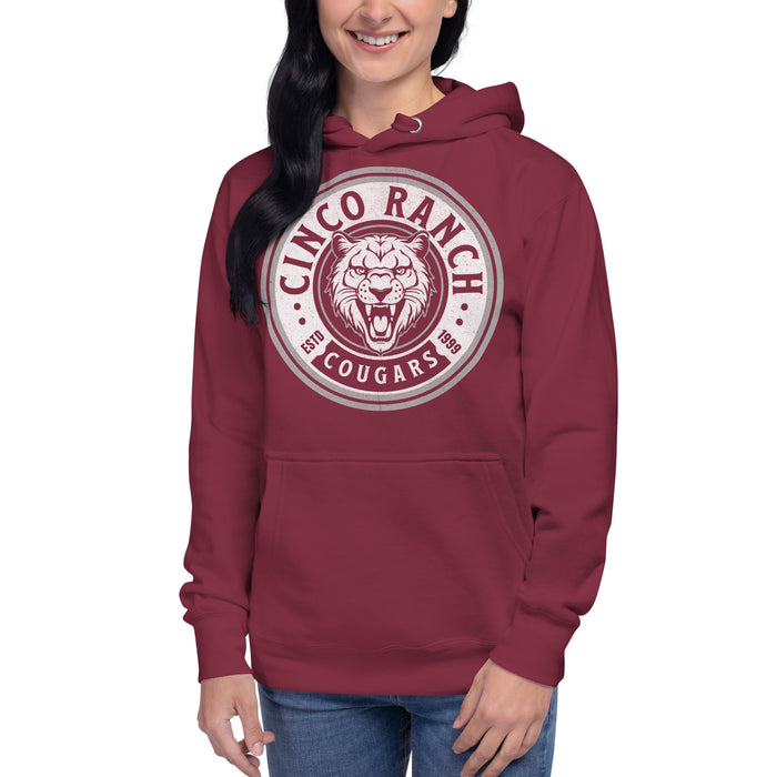 Woman wearing a Cinco Ranch High School Cougars Premium Maroon Hoodie 213