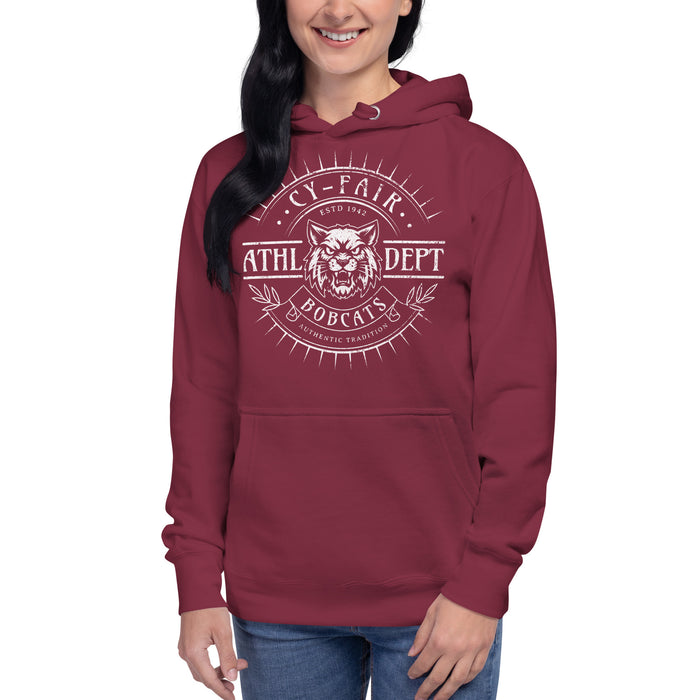 Woman wearing Cy-Fair High School Bobcats Maroon Premium Unisex Hoodie 201