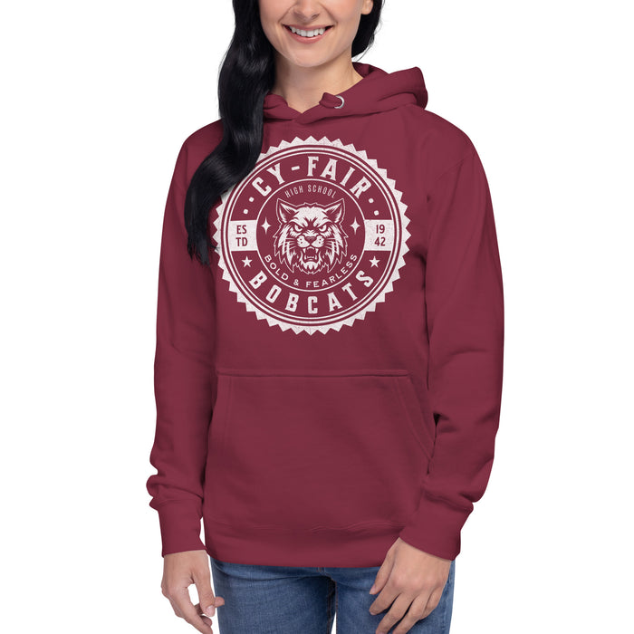 Woman wearing Cy-Fair High School Bobcats Maroon Premium Unisex Hoodie 203