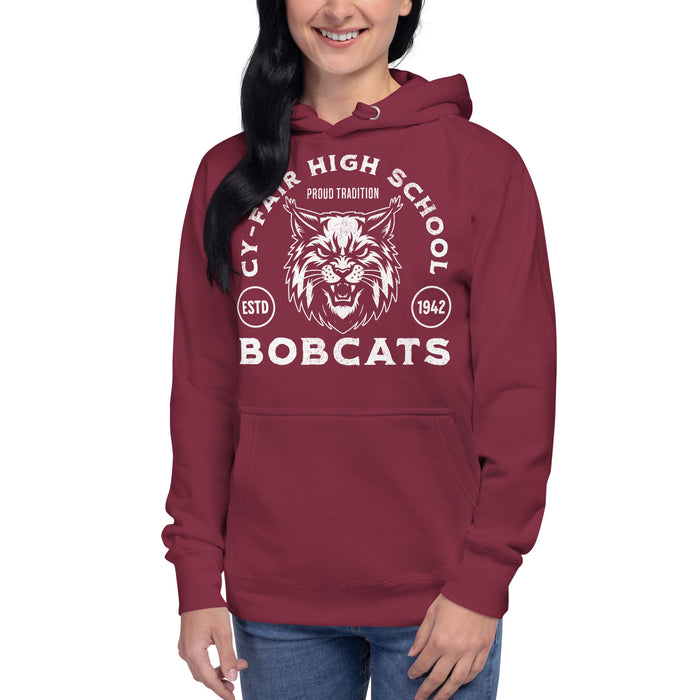 Woman wearing Cy-Fair High School Bobcats Maroon Premium Unisex Hoodie 208