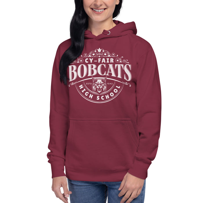 Woman wearing Cy-Fair High School Bobcats Maroon Premium Unisex Hoodie 211