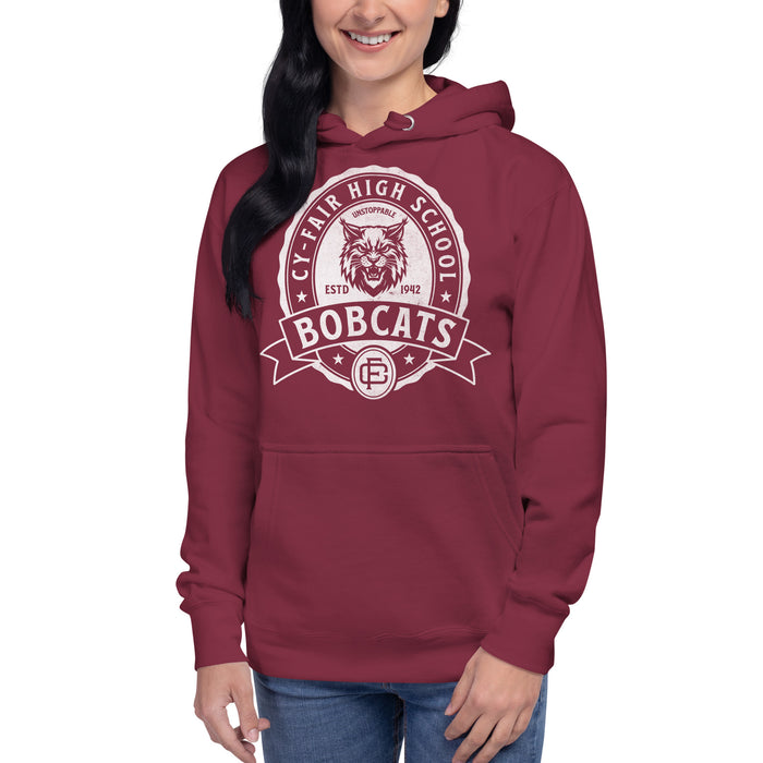 Woman wearing Cy-Fair High School Bobcats Maroon Premium Unisex Hoodie 212