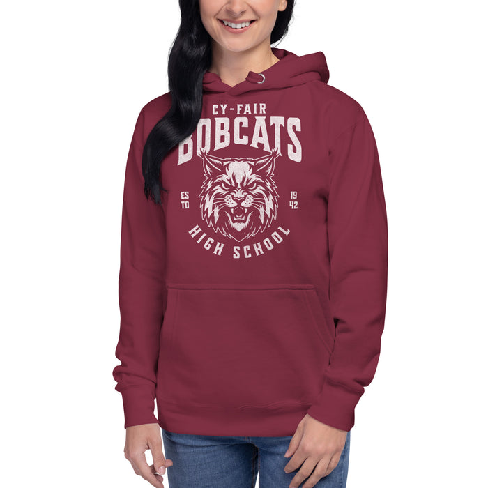 Woman wearing Cy-Fair High School Bobcats Maroon Premium Unisex Hoodie 213