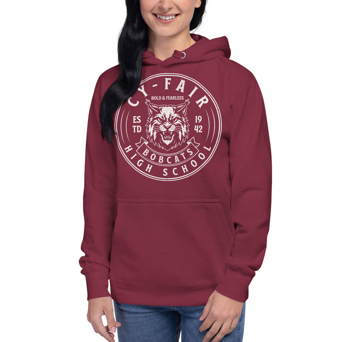 Woman wearing Cy-Fair High School Bobcats Maroon Premium Unisex Hoodie 215