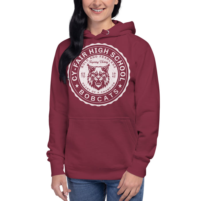 Woman wearing Cy-Fair High School Bobcats Maroon Premium Unisex Hoodie 216