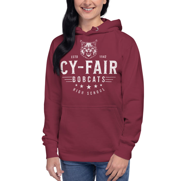 Woman wearing Cy-Fair High School Bobcats Maroon Premium Unisex Hoodie 217