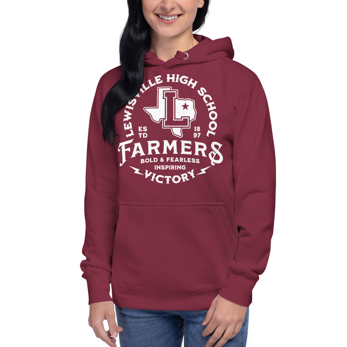 Woman wearing Lewisville High School Farmers Maroon Premium Unisex Hoodie 206