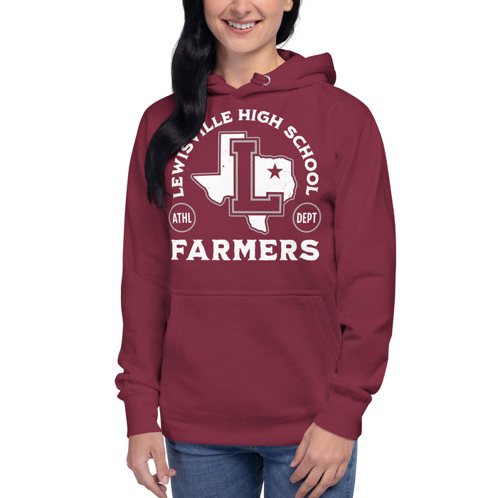 Woman wearing Lewisville High School Farmers Maroon Premium Unisex Hoodie 208