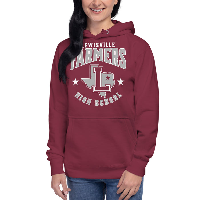 Woman wearing Lewisville High School Farmers Maroon Premium Unisex Hoodie 213