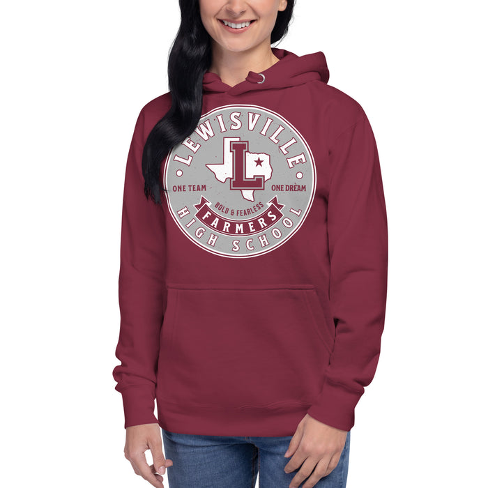 Woman wearing Lewisville High School Farmers Maroon Premium Unisex Hoodie 215