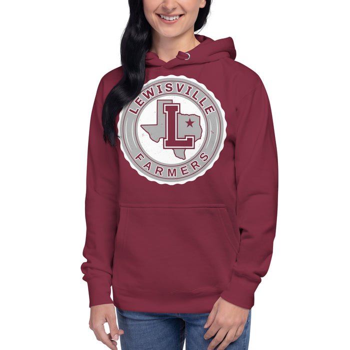 Woman wearing Lewisville High School Farmers Maroon Premium Unisex Hoodie 216