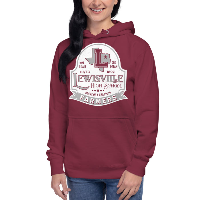 Woman wearing Lewisville High School Farmers Maroon Premium Unisex Hoodie 219