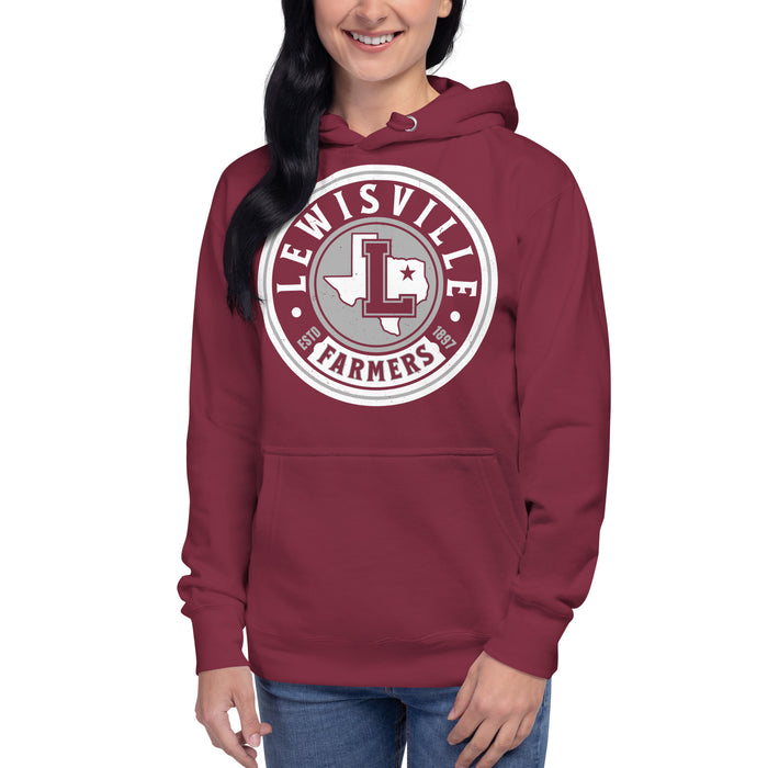 Woman wearing Lewisville High School Farmers Maroon Premium Unisex Hoodie 220