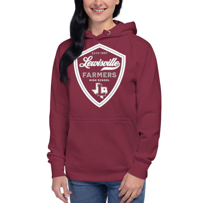 Woman wearing Lewisville High School Farmers Maroon Premium Unisex Hoodie 224