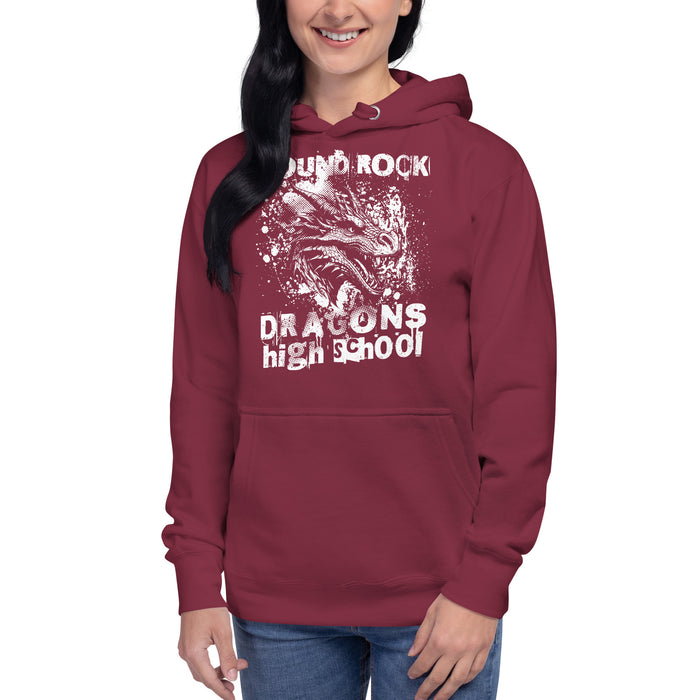 Woman wearing Round Rock High School Dragons Maroon Premium Unisex Hoodie 205