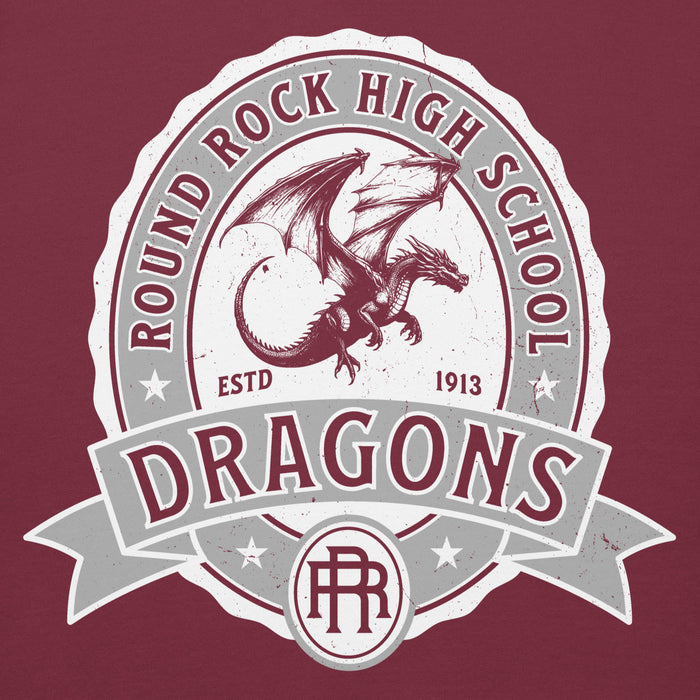 Close-up view of Round Rock High School Dragons Maroon Premium Unisex Hoodie 212