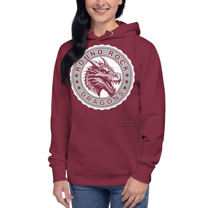 Woman wearing Round Rock High School Dragons Maroon Premium Unisex Hoodie 216