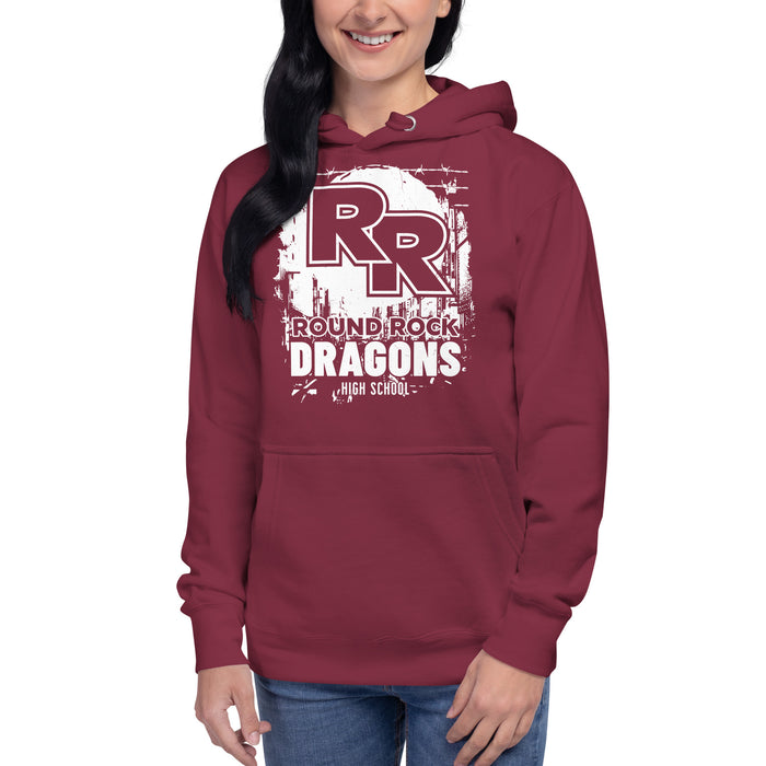 Woman wearing Round Rock High School Dragons Maroon Premium Unisex Hoodie 202