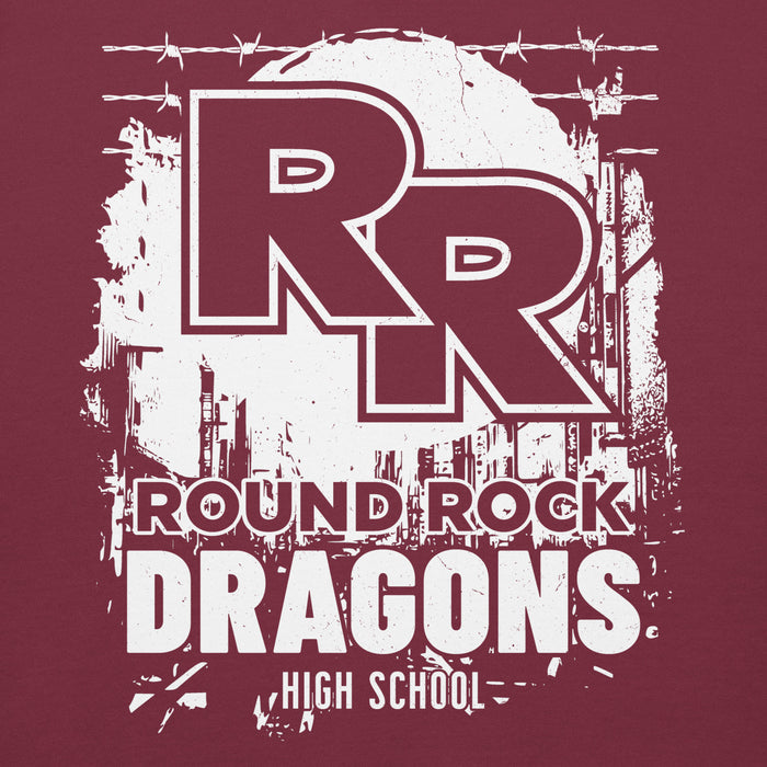 Close-up view of Round Rock High School Dragons Maroon Premium Unisex Hoodie 202