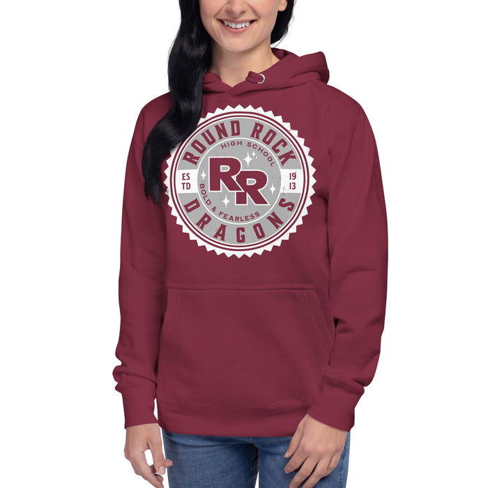 Woman wearing Round Rock High School Dragons Maroon Premium Unisex Hoodie 203