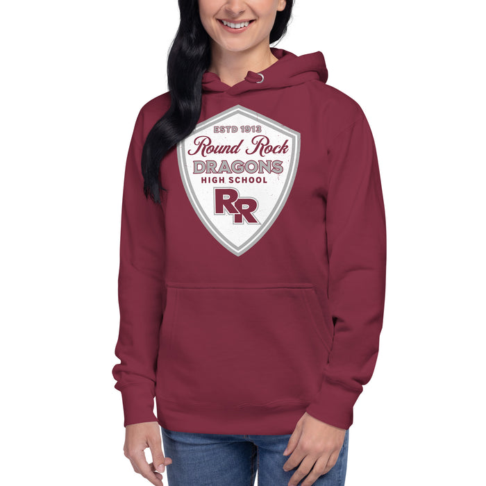 Woman wearing Round Rock High School Dragons Maroon Premium Unisex Hoodie 225