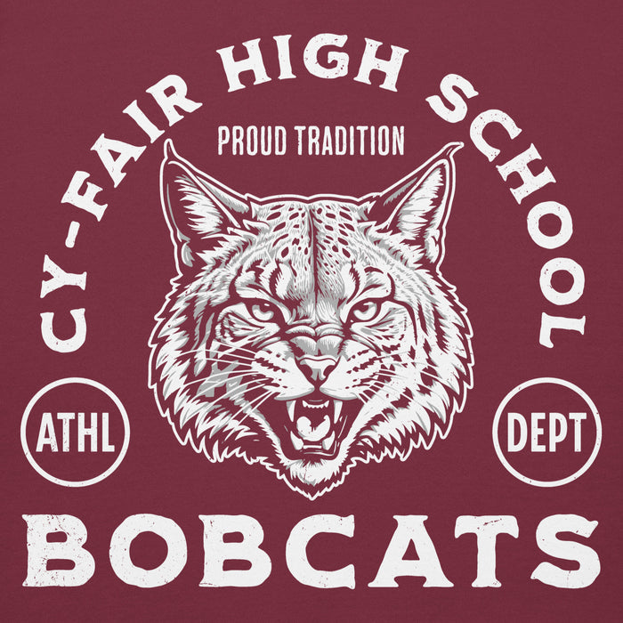 Close-up view of Cy-Fair High School Bobcats Maroon Premium Unisex Hoodie 208