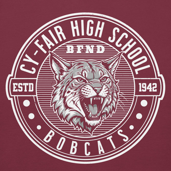 Close-up view of Cy-Fair High School Bobcats Maroon Premium Unisex Hoodie 224