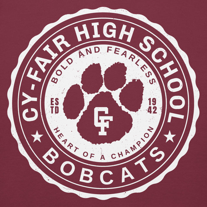 Close-up view of Cy-Fair High School Bobcats Maroon Premium Unisex Hoodie 216