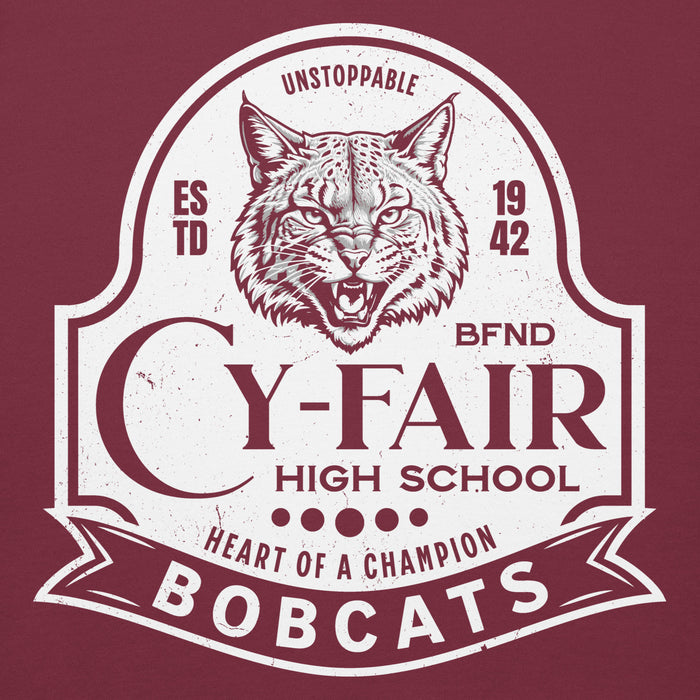 Close-up view of Cy-Fair High School Bobcats Maroon Premium Unisex Hoodie 219