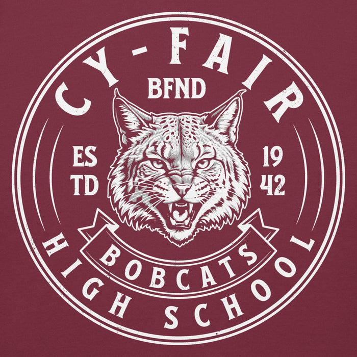 Close-up view of Cy-Fair High School Bobcats Maroon Premium Unisex Hoodie 215