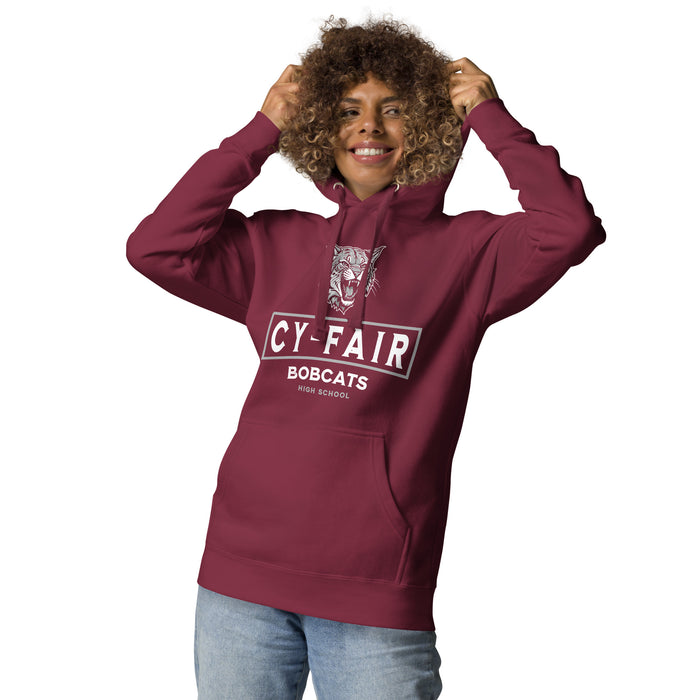 Woman wearing Cy-Fair High School Bobcats Maroon Premium Unisex Hoodie 202