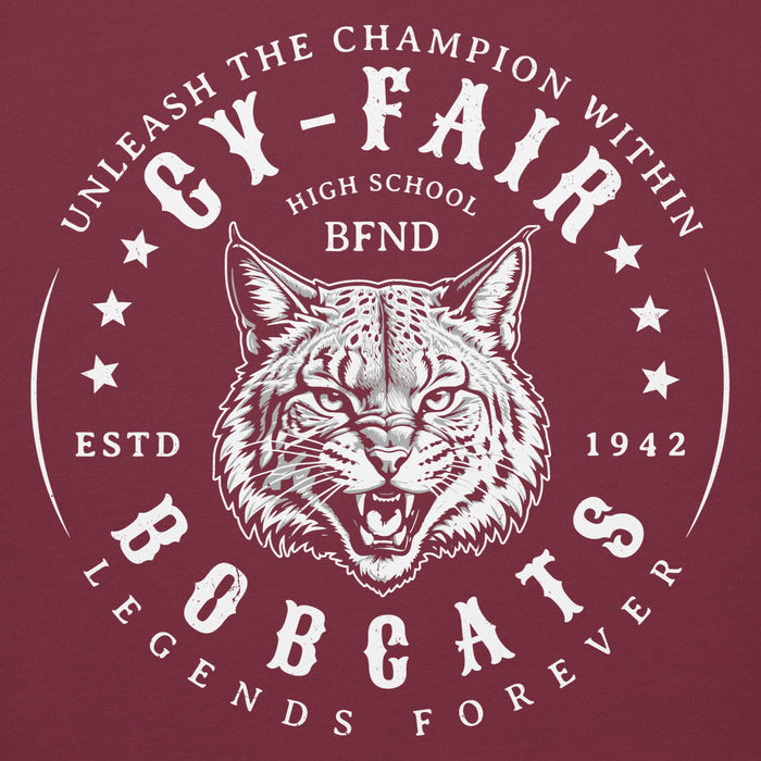 Close-up view of Cy-Fair High School Bobcats Maroon Premium Unisex Hoodie 214