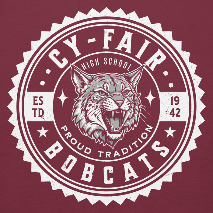 Close-up view of Cy-Fair High School Bobcats Maroon Premium Unisex Hoodie 203