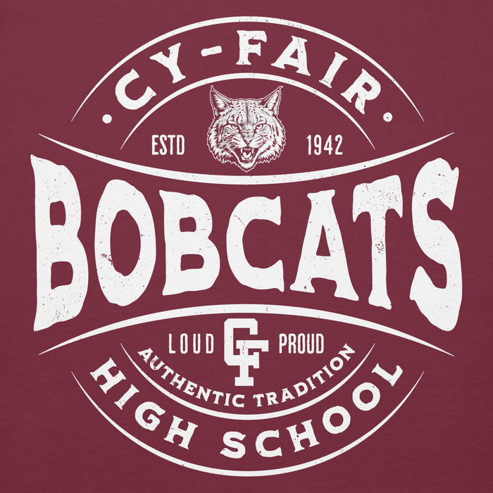 Close-up view of Cy-Fair High School Bobcats Maroon Premium Unisex Hoodie 218